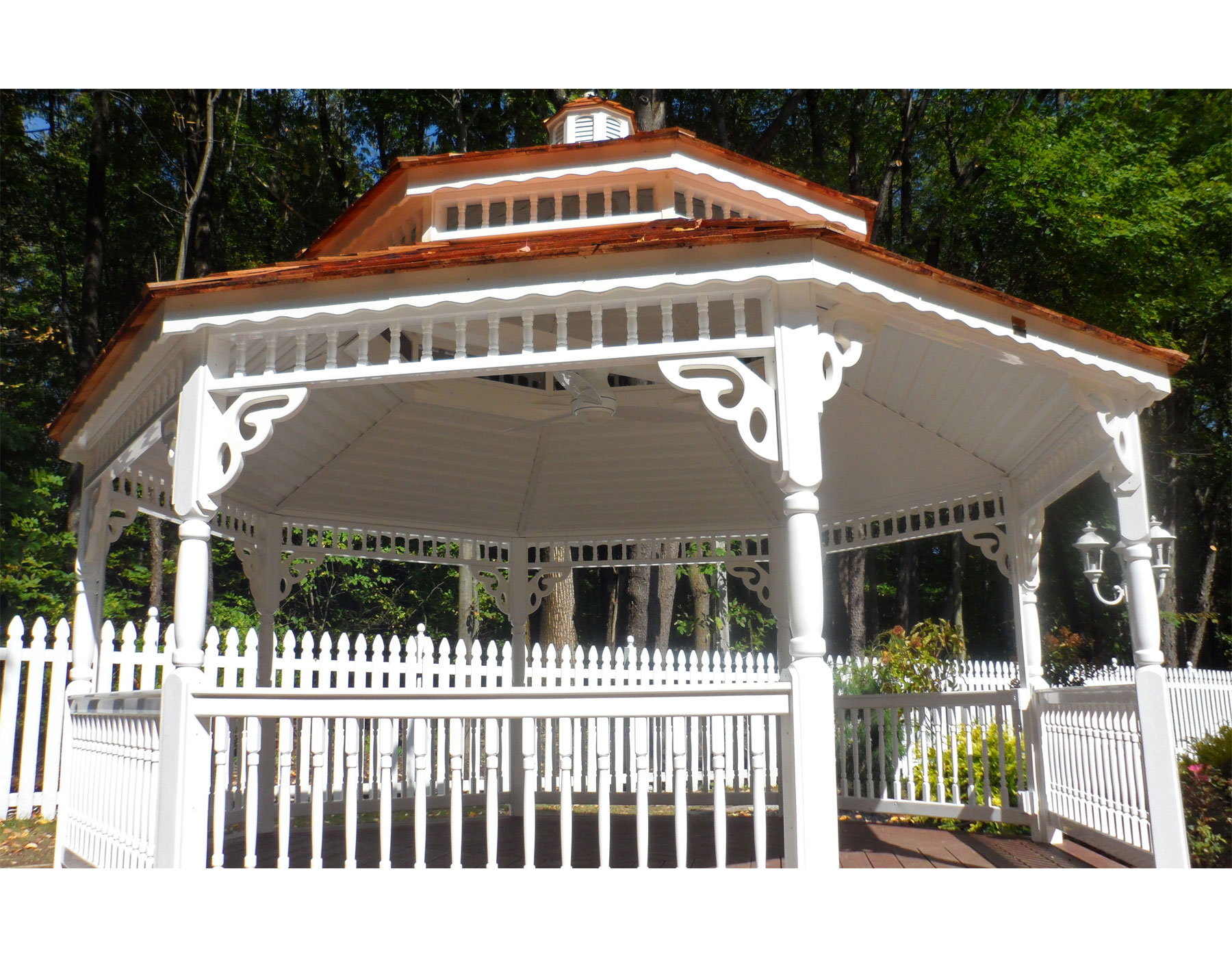 Customer S Photo 16 Vinyl Double Roof Octagon Gazebo Decorative Posts Braces Cupola Horse Weathervane Vinyl Finished Ceiling Cedar Shake Shingles Summer White Veranda Outdoor Fan