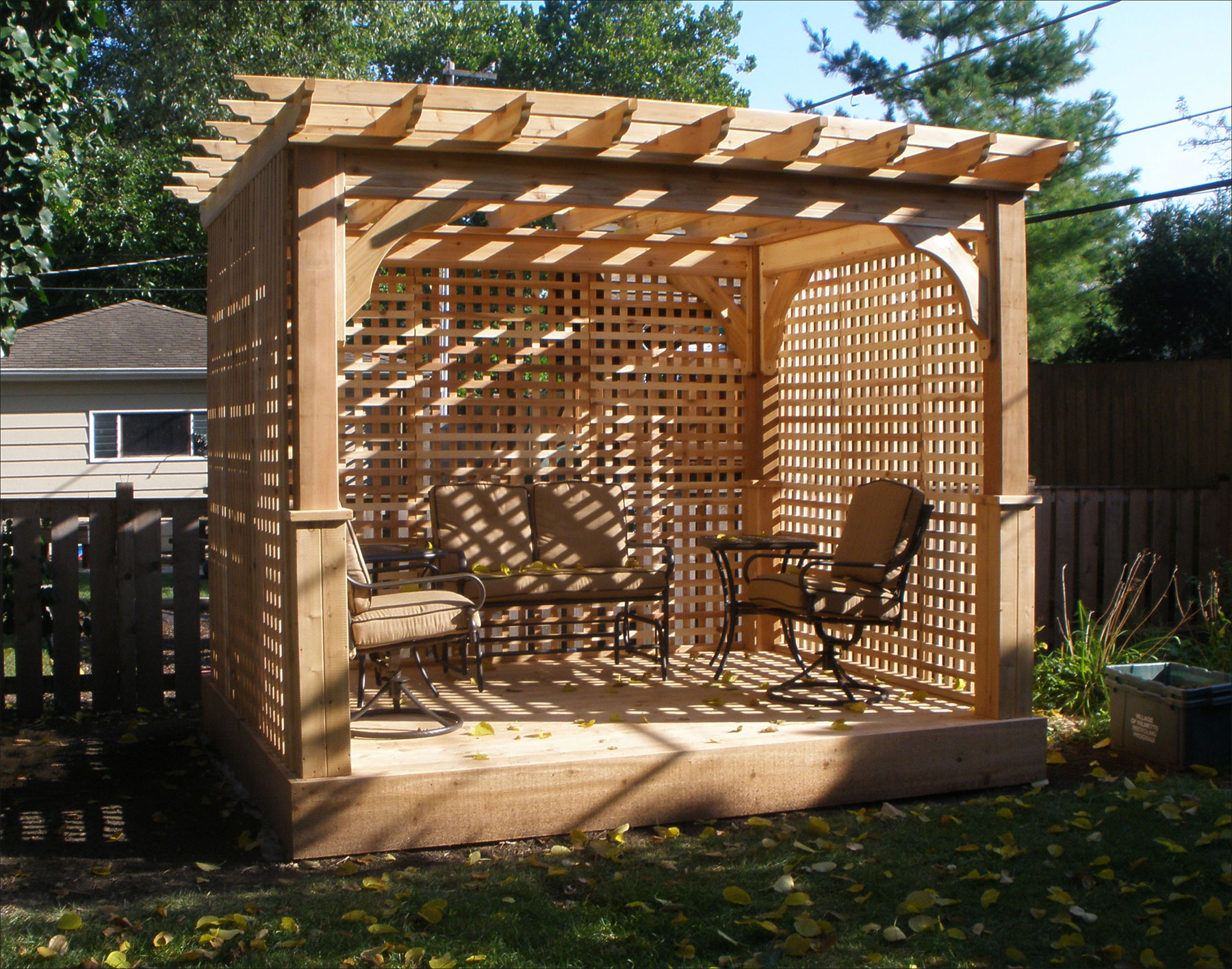 10 Cedar Deluxe 4 Beam Pergola With Cedar Deck, 3 Lattice Walls 