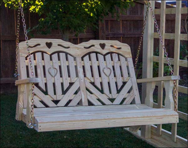 64" Treated Pine Heartback Porch Swing With Hearts And Scroll