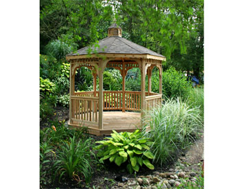 10 Cedar Octagon Gazebo Shown wiith Standard Options and Rustic Slate Asphalt Shingles