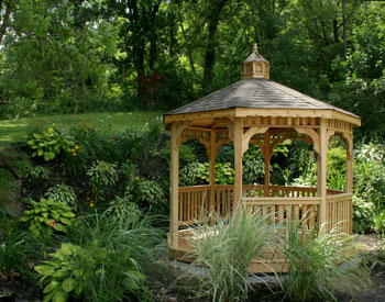 10 Cedar Octagon Gazebo Shown wiith Standard Options and Rustic Slate Asphalt Shingles