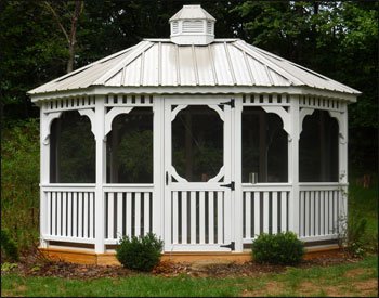 10 x 14 Treated Pine Oval Gazebo shown with optional Screens and Screen Door, White Paint, Clay Metal Roof and Cupola.