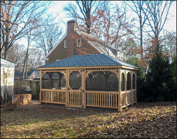 10 x 16 Cedar Rectangular Gazebo shown with No Deck, 2x3 Decorative Spindle Rails, Decorative Posts, Standard Braces, Full Set of Screens and Screen Door, Midnight Grey Rubber Slate Shingles, and Additional Door.