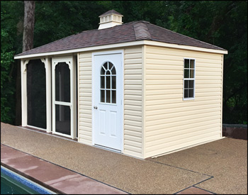 10 x 18 Vinyl Pool House shown with Almond siding and Ivory trim, cupola, gray composite deck, no rails, and aged redwood asphalt shingles. 