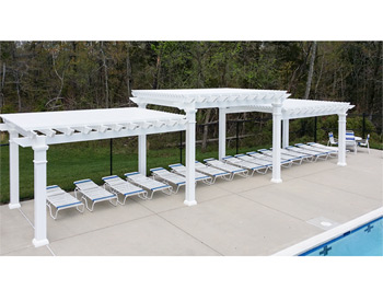Our 10 x 40 Vinyl 3-Tier Oasis Pergola is shown here with 6” Top Runner Spacing, No Deck, and Stainless Steel Hardware.