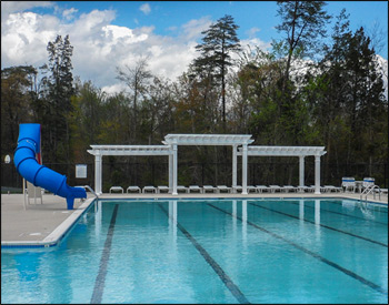 Our 10 x 40 Vinyl 3-Tier Solace Pergola is shown here with 6” Top Runner Spacing, No Deck, and Stainless Steel Hardware.