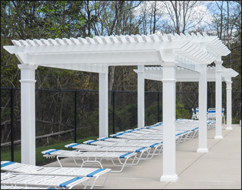 Our 10 x 40 Vinyl 3-Tier Oasis Pergola is shown here with 6” Top Runner Spacing, No Deck, and Stainless Steel Hardware.