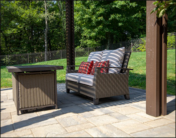 12 x 12 Aluminum Vintage Classic Pergola shown in Aged Bronze with customer supplied furniture.