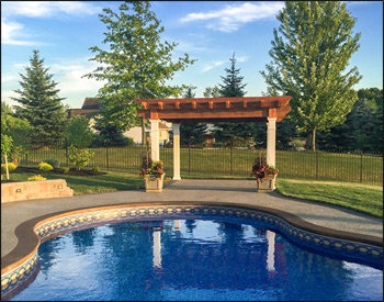 12 x 12 Rustic Cedar Solace Pergola shown with no deck , 12" top runner spacing, cedar stain/sealer, and straight posts.