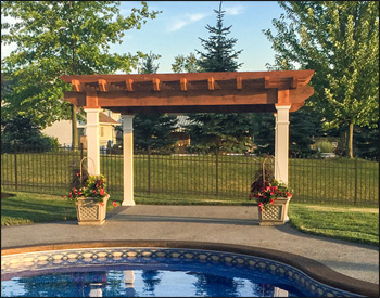 12 x 12 Rustic Cedar Solace Pergola shown with no deck , 12" top runner spacing, cedar stain/sealer, and straight posts.