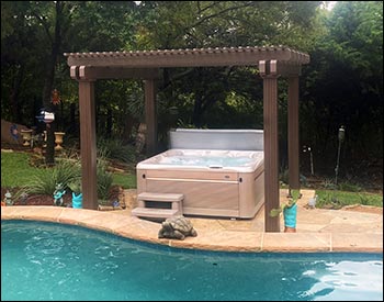 12 x 12 Aluminum Vintage Classic Pergola Shown in Aged Bronze Paint, 8" Square Fluted Columns, 3" Top Runner, Standard End Cut, Surface Mount, Galvanized Hardware, and a Double Beam.