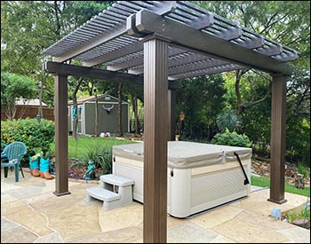 12 x 12 Aluminum Vintage Classic Pergola Shown in Aged Bronze Paint, 8" Square Fluted Columns, 3" Top Runner, Standard End Cut, Surface Mount, Galvanized Hardware, and a Double Beam (ANGLE 2).