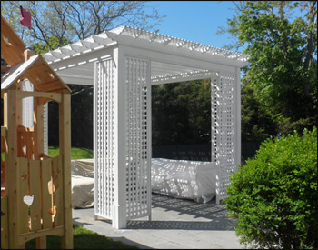 12 x 14 Cedar Deluxe 4-Beam Pergola shown with Whitewash stain, Top Lattice, Stainless Steel Hardware, 4 Lattice Corners, and Taller Posts (118" head clearance) 