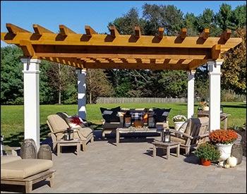 12 x 16 Rough Cut Oasis Pergola shown with Clear Stain/Sealer, Stainless Steel Hardware, 16" Top Runner Spacing, and Customer Supplied Lighting Kit.