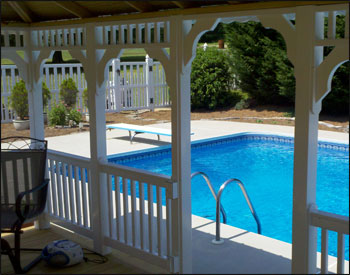 12x16 White Vinyl Gazebo shown  with Treated Pine Deck, Cupola, Evergreen Metal Roof, Hidden Wiring w/ 1 Receptacle & Switch Receptacle