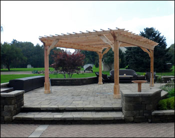 12 x 18 Custom Cedar 2-Beam Pergola Shown with 12" Top Runner Spacing, Custom Braces, Stainless Steel Hardware, and upgraded 2x12 Beams to allow for 4 post design