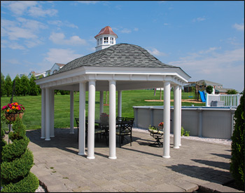 12 x 20 Vinyl Elongated Hexagon Belle Gazebo shown with 6 6" Columns, Cupola with Copper Roof and Charcoal Gray Asphalt Shingles 	
