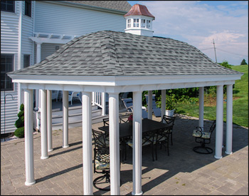 12 x 20 Vinyl Elongated Hexagon Belle Gazebo shown with 6 6" Columns, Cupola with Copper Roof and Charcoal Gray Asphalt Shingles
