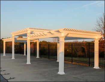 12 x 42 Vinyl 3-Tier Oasis Free Standing Pergola shown with White Vinyl, 6" Top Runner Spacing, Galvanized Hardware, and Straight 8" Posts.