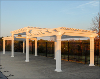 12 x 42 Vinyl 3-Tier Solace Free Standing Pergola shown with White Vinyl, 6" Top Runner Spacing, Galvanized Hardware, and Straight 8" Posts.