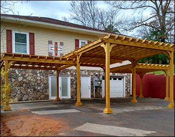 Custom Treated Pine Tiered Vintage Classic Pergola shown with Custom Stain, Lattice Top, and 16" Top Runner Spacing.