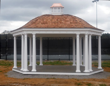 14x20 Elongated Belle Roof Gazebo shown with Cedar Shake Shingles, Oil Rubbed Bronze Avruc Outdoor Ceiling Fan w/ Light, Cupola, 8" Round Tapered Vinyl Columns, and Electrical Package