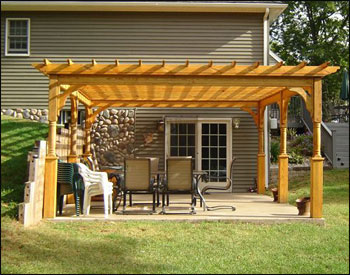 16 X 20 Treated Pine 4 Beam Deluxe Pergola Shown with 2 Coats of Cedar Tone Stain/Sealer, Decorative Posts, and 36" Decorative Post Trim