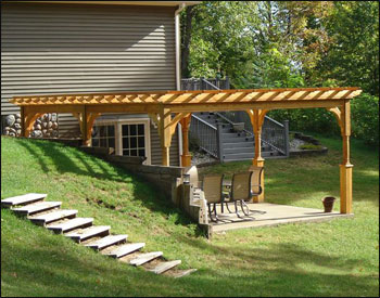 16 X 20 Treated Pine 4 Beam Deluxe Pergola Shown with 2 Coats of Cedar Tone Stain/Sealer, Decorative Posts, and 36" Decorative Post Trim