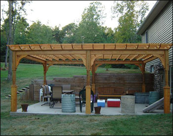 16 X 20 Treated Pine 4 Beam Deluxe Pergola Shown with 2 Coats of Cedar Tone Stain/Sealer, Decorative Posts, and 36" Decorative Post Trim