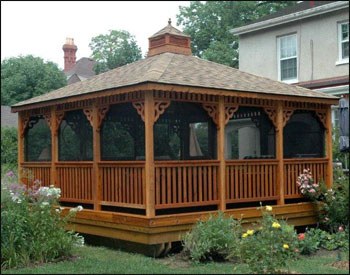 16 x 16 Cedar Rectangular Gazebo with Rustic Cedar Asphalt Shingles, Cupola, Decorative Braces and Optional 4 Track Windows, Cedar Stain and Offset Door