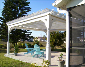 16’ x 16’ Treated Pine 4-Beam Pergola with Customer Supplied White Paint and Decorative Posts.