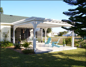 16’ x 16’ Treated Pine 4-Beam Pergola with Customer Supplied White Paint and Decorative Posts.