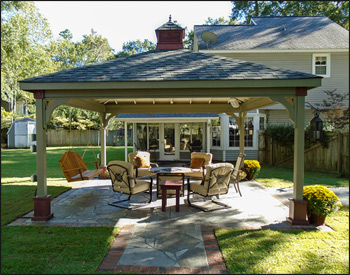 16 x 16 Treated Pine Ramada shown with 6x6 Posts, 16" high post trim, Cupola, Charcoal Gray Asphalt Shingles, customer supplied stain, and customer supplied fan. 