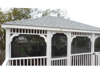 16 x 20 Vinyl Rectangular Gazebo Shown With No Deck, Full Set of Screens & Screened Door, Old English Pewter Asphalt Shingles, Stainless Steel Hardware, Screened Floor, and Hidden Wiring w/ 1 Receptacle & Switch