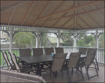 16 x 20 Vinyl Rectangular Gazebo Shown With No Deck, Full Set of Screens & Screened Door, Old English Pewter Asphalt Shingles, Stainless Steel Hardware, Screened Floor, and Hidden Wiring w/ 1 Receptacle & Switch