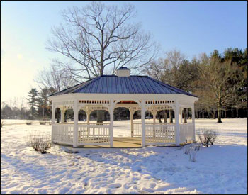 16 x 24 Vinyl Oval Gazebo with Standard White Vinyl, Gray Composite Decking, Metal Roof (Black), 4 Bench Sections, EXTRA Entry way (-1 railing section), and Vinyl Cupola