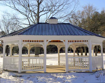 16 x 24 Vinyl Oval Gazebo with Standard White Vinyl, Gray Composite Decking, Metal Roof (Black), 4 Bench Sections, EXTRA Entry way (-1 railing section), and Vinyl Cupola