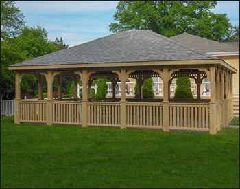 20 x 24 Treated Pine Rectangular Gazebo shown with no deck, 1x3 standard railings, standard braces, top railing section, no cupola, unstained, and Old English Pewter Asphalt Shingles.