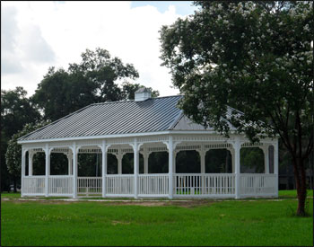 20 x 40 Vinyl Oval Gazebo shown with vinyl finished ceiling, cupola, black metal roof, hurrican package, additional door opening, and 6 bench sections.