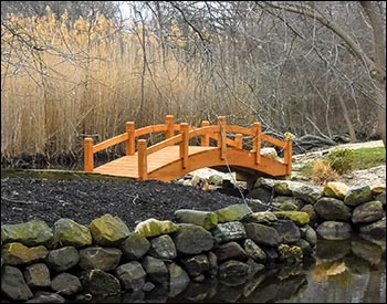 Custom 3 x 12 Single Rail Pedestrian Trail Bridge shown with Continuous Arch, Cedar Stain/Sealer, and 1 Extra Beam.