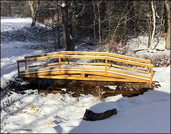4 x 24 Treated Pine Hawthorne Bridge shown with Custom Spaced Double Rail and Cedar Tone Stain/Sealer.