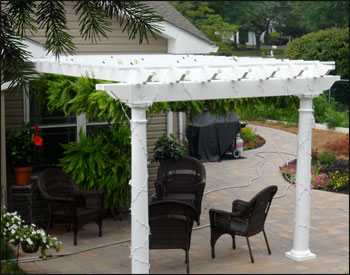 8 X 12 Vinyl 2 Beam Pergola Shown With Wall Mounted Kit, No Deck, 8" Round Tapered Vinyl Columns, and 12" Top Runner Spacing