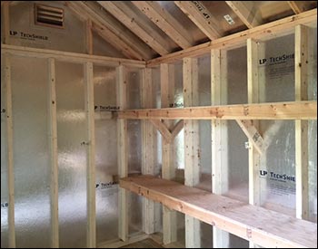 8 x 12 Cedar Tongue & Groove Gable Shed shown with Heavy Duty Pressure Treated Floor, Cedar Shake Shingles, Panelized Walls, 12" Taller Walls, 16" x 12 Shelf and a pair of Gable Vents.