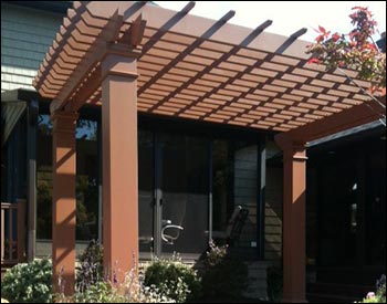 8 x 12 Fiberglass Vintage Classic Pergola Shown With 10" Square Posts and Custom Color Paint in SW WHEAT PENNY (ANGLE 2).