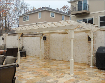 Quote: 5311728 x 16 Vinyl 2-Beam Pergola shown with Ivory Vinyl, Westfield Mushroom Retractable Single-Rail Canopy, Stainless Steel Hardware, 12" Top Runner Spacing, Decorative Posts, and No Deck. 