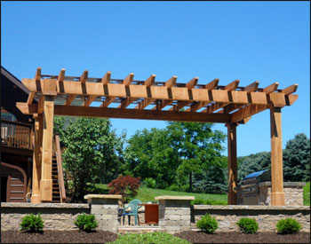 Custom sized 9 x 17 Rough Cut Cedar Oasis Pergola shown with Straight 8x8 Posts, Grapevine Powder Coated Steel Decorative Top, and 18" Top Runner Spacing.