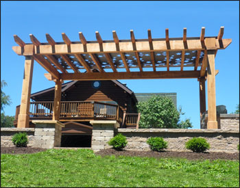 Custom sized 9 x 17 Rough Cut Cedar Oasis Pergola shown with Straight 8x8 Posts, Grapevine Powder Coated Steel Decorative Top, and 18" Top Runner Spacing.