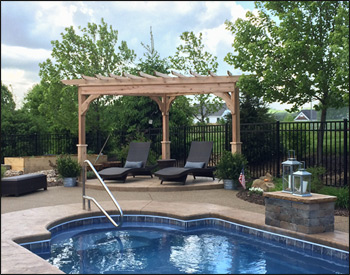 Custom - Triangle Shaped Pergola 11 2" x 9 11" x 14 9" shown with No Deck, Straight Posts, 36" Post Trim, 16" Top Runner Spacing, and Curtain Rods.