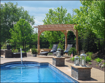 Custom - Triangle Shaped Pergola 11 2" x 9 11" x 14 9" shown with No Deck, Straight Posts, 36" Post Trim, 16" Top Runner Spacing, and Curtain Rods.