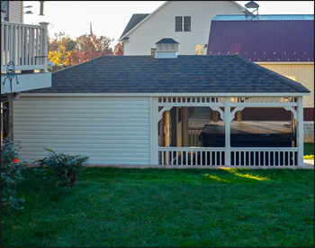 12 x 24 Vinyl Pool House shown with Ivory Vinyl Siding, Ivory Trim, Gray Composite Deck, Standard Railings, 2 - 18" x 36" Windows, 6 Sliding Glass Door & Double Door, Screens, Dual Brown Asphalt Shingles, & Cupola